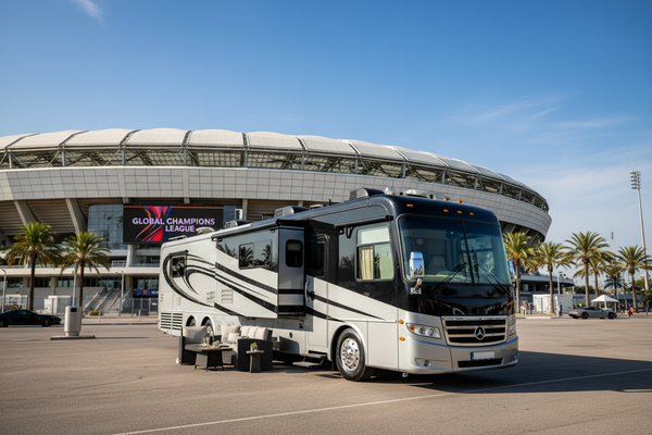 motorhome in front of stadium